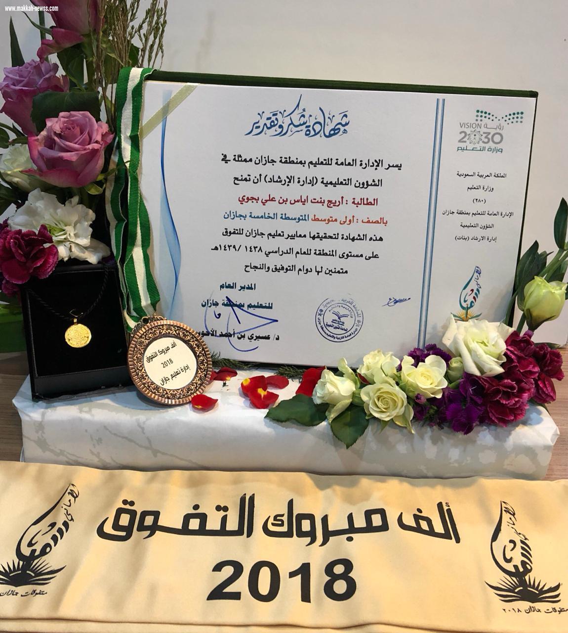 الإدارة العامة للتعليم بمنطقة جازان تكرم الطالبة اريج بنت إياس بجوي