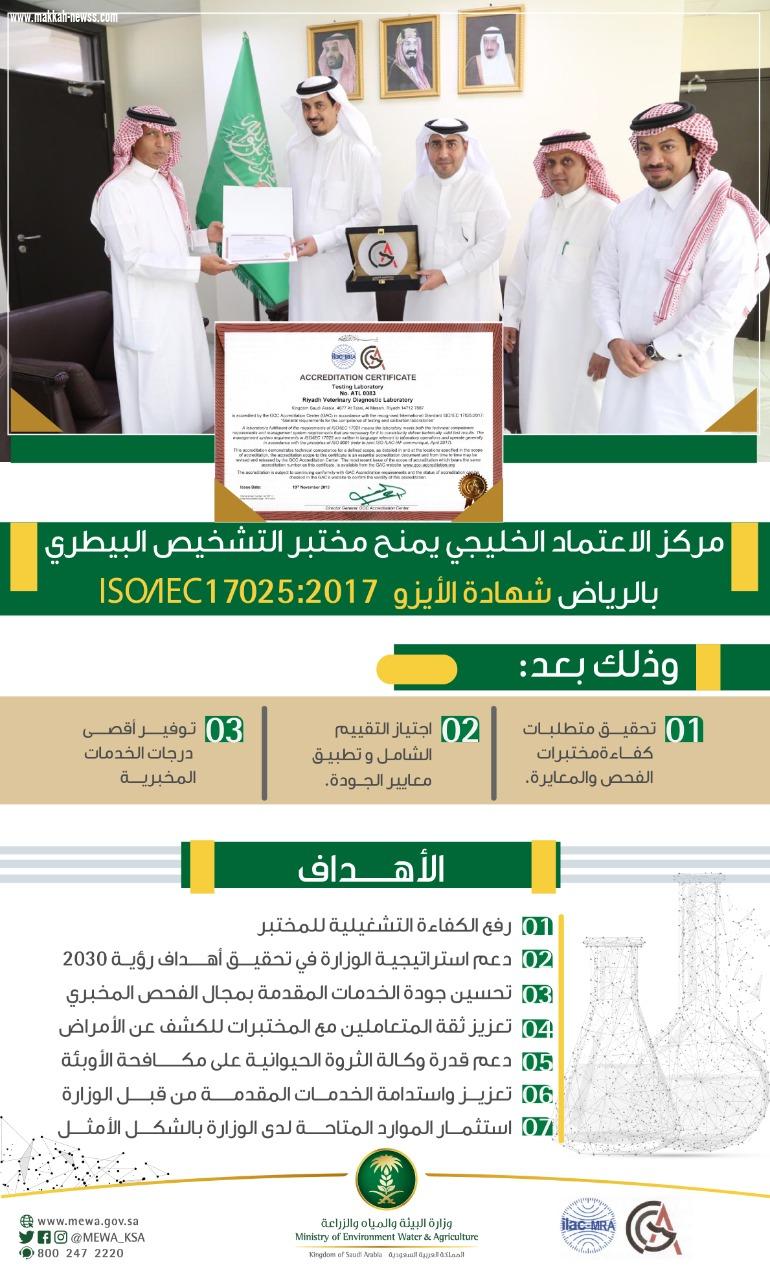 مركز الاعتماد الخليجي يمنح مختبر التشخيص البيطري بالرياض شهادة الأيزو
